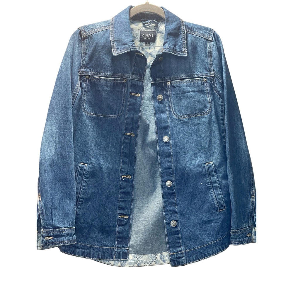 Curve Appeal Womens Medium Wash Blue Denim Jacket Cotton Size S Floral Lining
